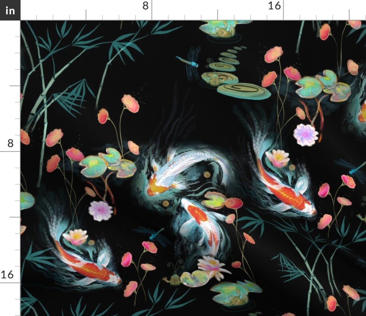 Koi, Fish, Japanese, Water Garden, Black, Chinoiserie, Floral, Flowers Custom Printed Fabric by Spoonflower Various Fabrics by the Yard or Fat Quarter